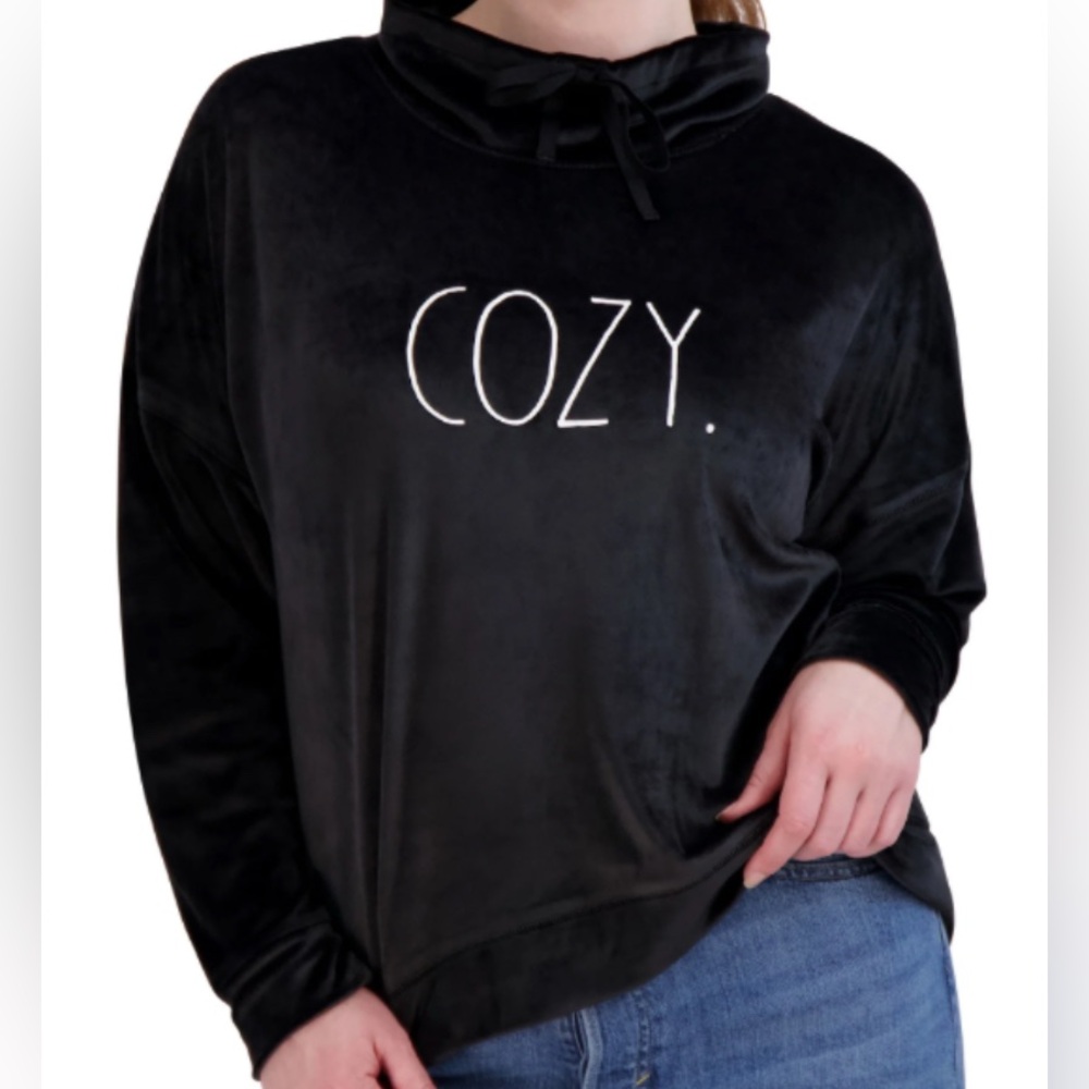 Rae Dunn COZY Cowl Neck Soft Velvet Velour  Black Pullover - Medium